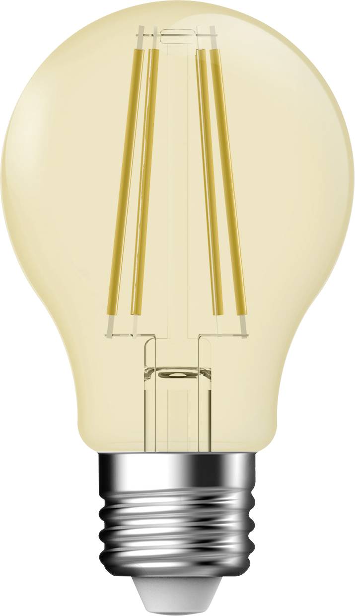 Une ampoule LED de style rétro avec un filament visible à l'intérieur, sur fond uni.