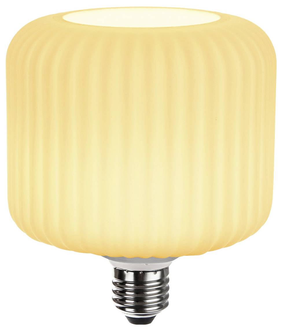Une ampoule cylindrique à nervures brillante avec une base métallique émet une lumière blanche chaude, convenant à la décoration intérieure moderne ou vintage.