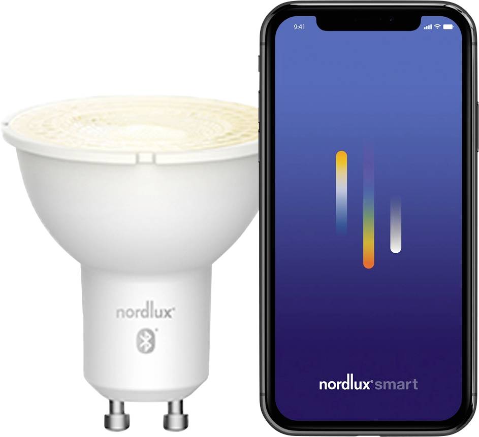 Smartphone affichant l'application « nordlux smart » à côté d'une ampoule LED intelligente avec logo Bluetooth, indiquant le contrôle de l'éclairage intelligent via l'application.