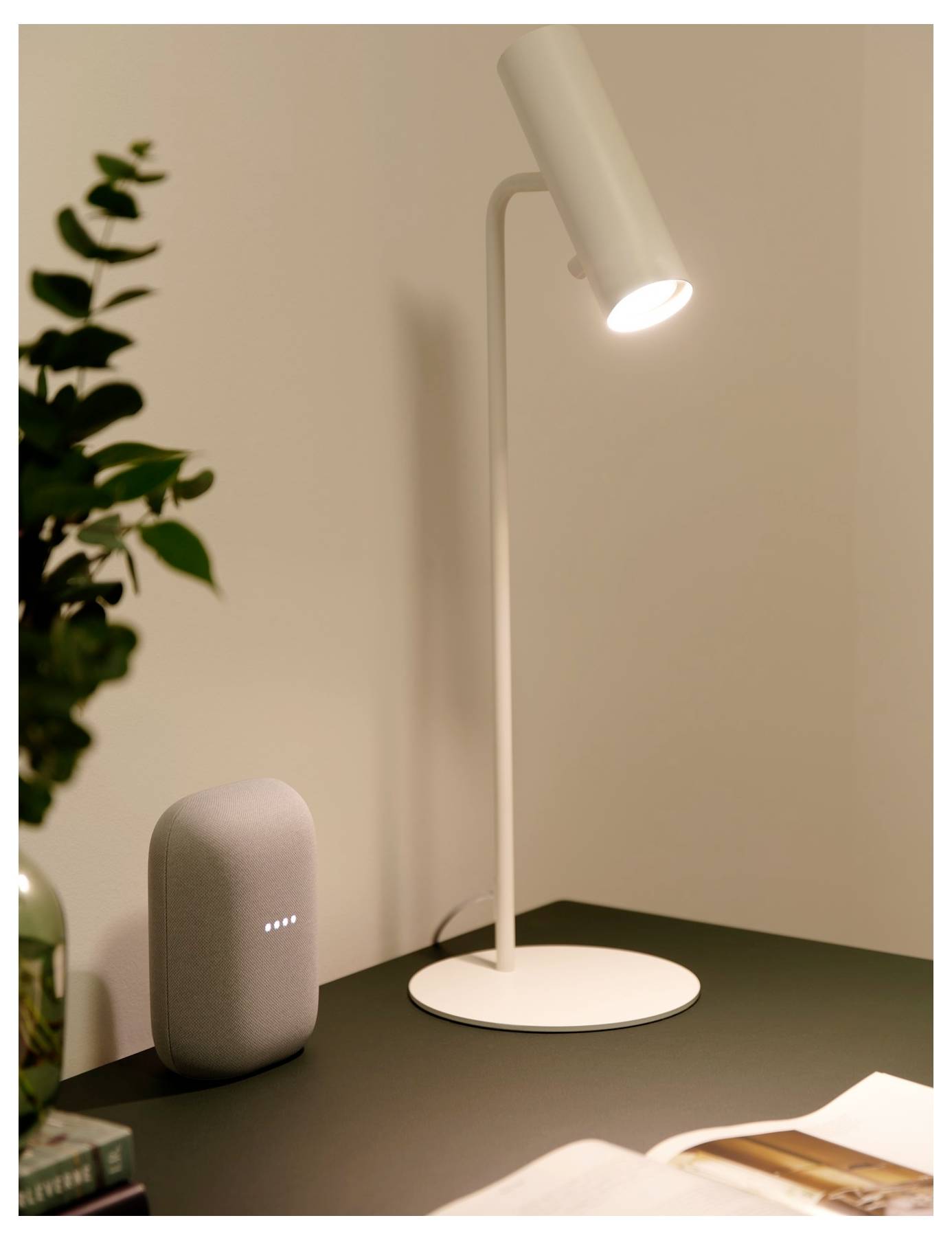 Une élégante lampe de bureau blanche illumine une table sombre. À côté, un petit haut-parleur intelligent cylindrique affiche quatre points lumineux. Une plante est visible à leurs côtés.