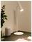 Une élégante lampe de bureau blanche illumine une table sombre. À côté, un petit haut-parleur intelligent cylindrique affiche quatre points lumineux. Une plante est visible à leurs côtés.