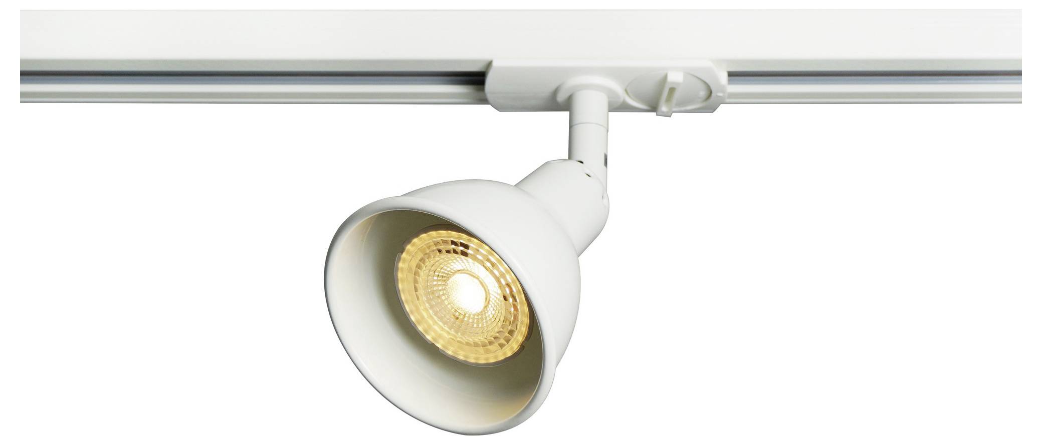 Un projecteur de voie de forme conique blanc est monté sur un système de rail, illuminant une zone en dessous.