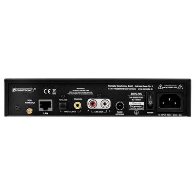 Panneau arrière d'un appareil audio présentant les ports HDMI, LAN et d'alimentation, avec des entrées et sorties étiquetées pour les connexions numériques et analogiques.