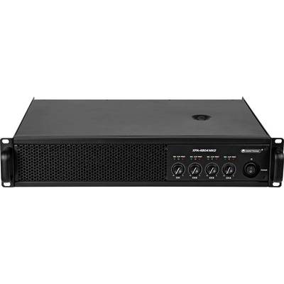 Vue de face d'un amplificateur audio noir avec une grille métallique et quatre cadrans étiquetés CH1 à CH4, des voyants indicateurs et un bouton d'alimentation.