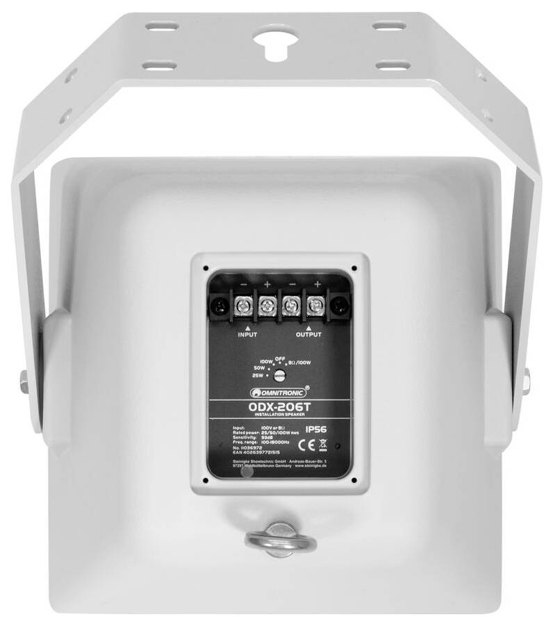 Un appareil électrique blanc de forme carrée avec un panneau de bornes d'entrée-sortie au centre. Il est équipé d'une fixation de montage sur le dessus.