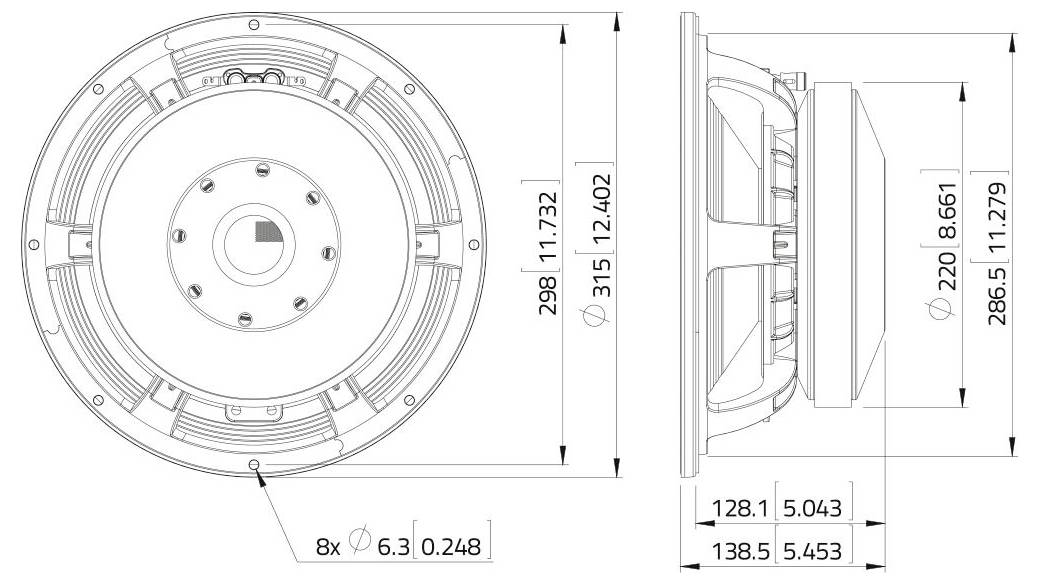 Dessin technique d'un haut-parleur ou d'un appareil audio avec vues de face et de côté. Les dimensions et les mesures sont indiquées en millimètres.