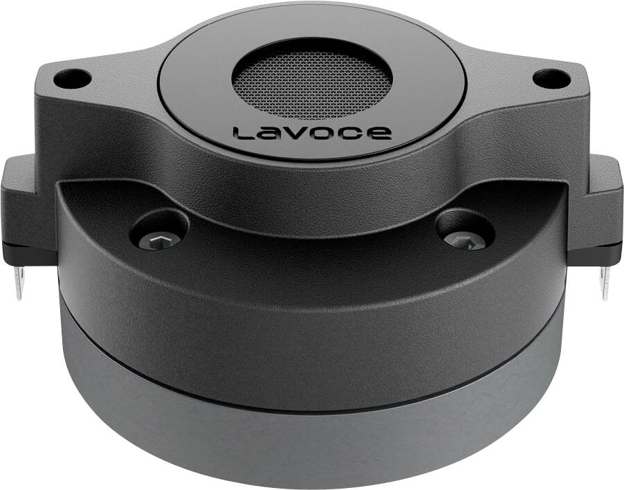 Un pilote de haut-parleur noir de LAVOCE au design circulaire, présentant un centre recouvert d'un grillage et deux languettes métalliques pour les connexions.