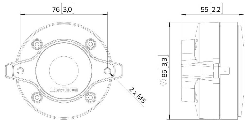 Diagramme technique d'un composant mécanique avec les dimensions : 76x30mm et 55x22mm. Trous de montage désignés comme 2xM5. Dimensions de la vue latérale 85x33mm.