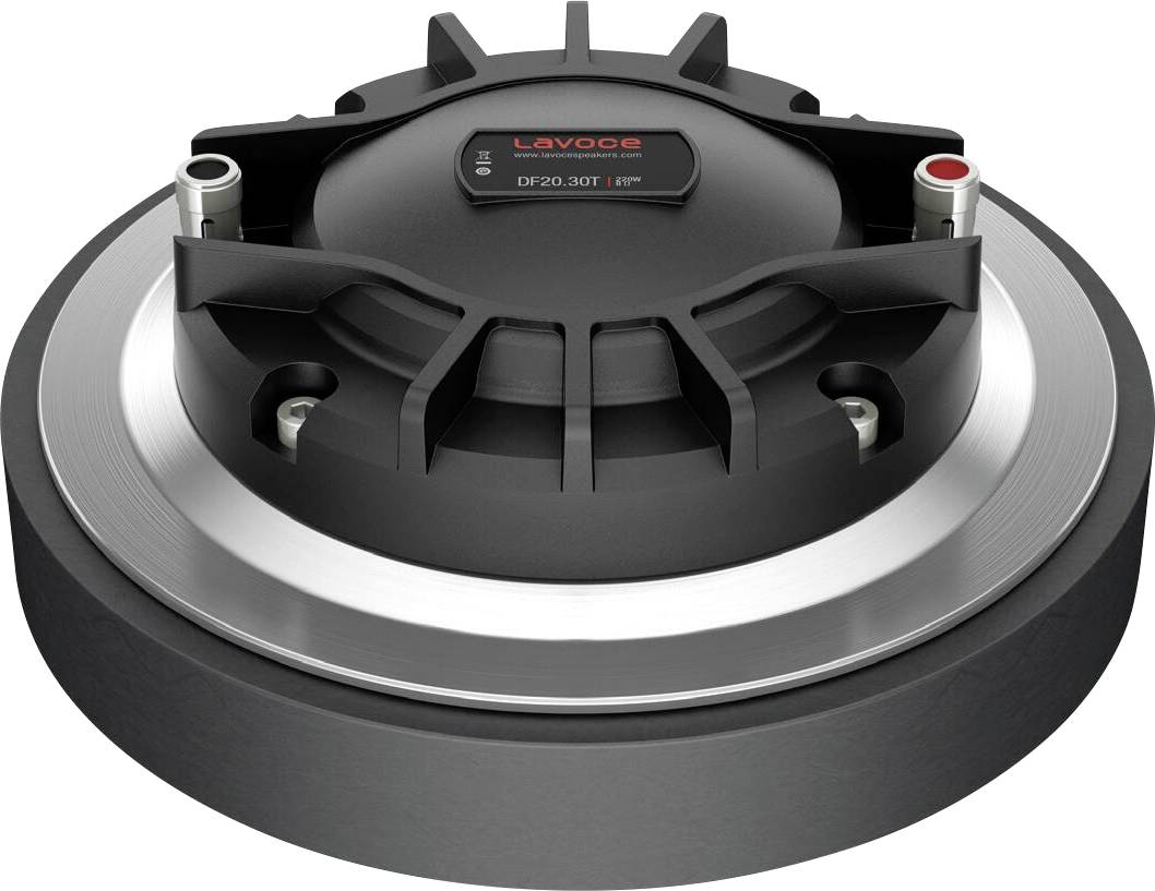 Un pilote audio noir et argent avec un design rond et cannelé, présentant le nom de marque « Lavoce » et le numéro de modèle « DF20.30T » sur la surface supérieure.