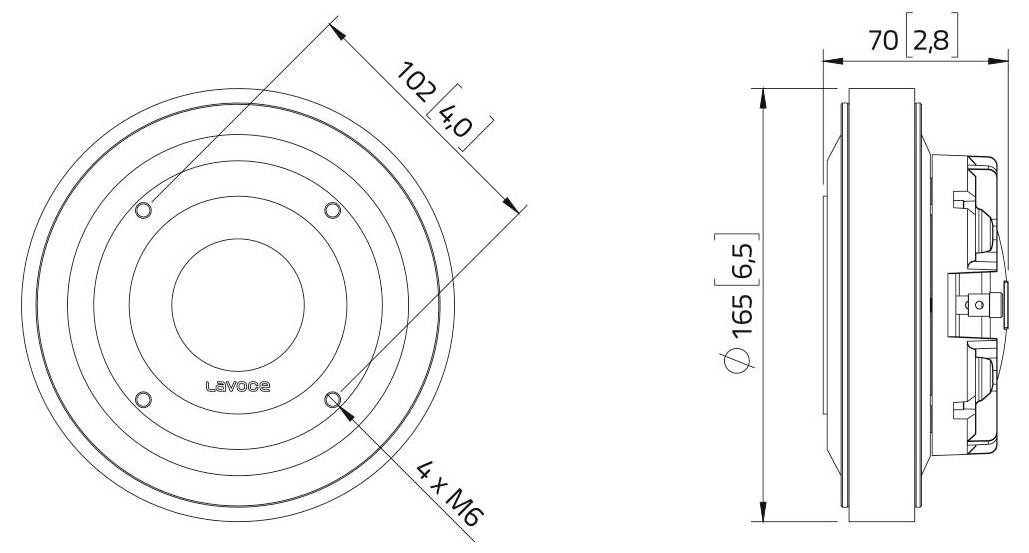 Diagramme « Dimensions du haut-parleur » montrant la vue de dessus : 102 mm avec 4 trous M6, et la vue latérale : 70 mm de profondeur, 165 mm de diamètre, 6,5 mm de décalage.
