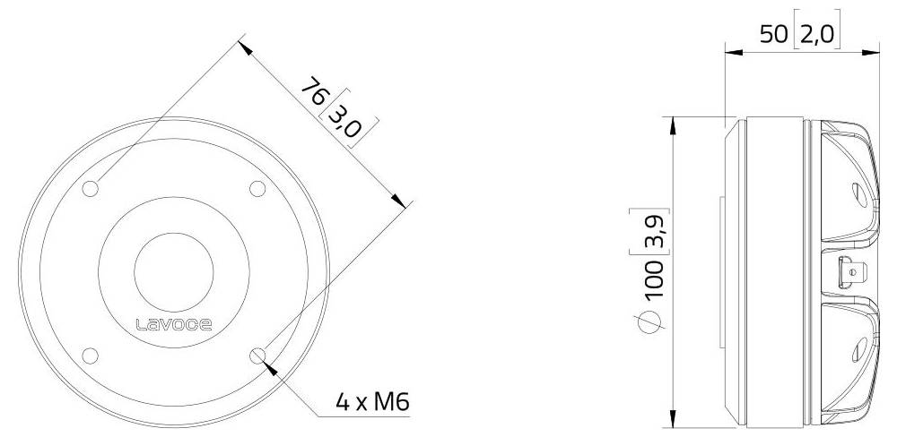 Dessin technique d'un composant circulaire portant l'étiquette « Levodr », montrant les vues de dessus et de côté. Dimensions : 76x50mm, 4 vis M6.