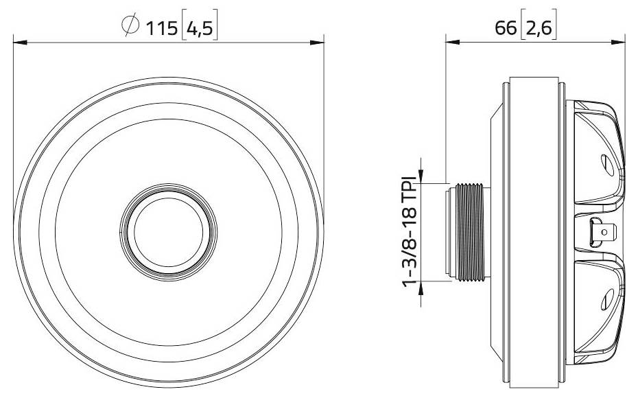 Dessin technique d'un capteur rond avec dimensions : diamètre 115mm, profondeur 66mm, et connexion filetée de taille 1-3/8-18 TPI.
