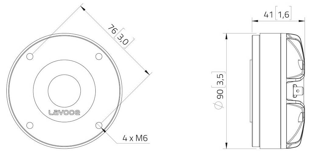 Schéma technique du haut-parleur circulaire de marque « LaVoce ». Vues de face et de profil avec dimensions : diamètre de face 76 mm, profondeur de profil 90 mm, 4 trous de montage.