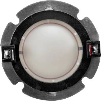 Une image en gros plan d'un assemblage de diaphragme circulaire avec un anneau externe métallique et une membrane centrale blanche, présentant de petits clips de fixation.