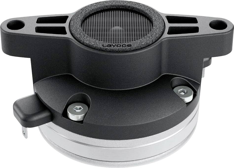 Image rapprochée d'un haut-parleur audio LavOce avec un cache à mailles circulaires, deux trous de montage et un design compact.