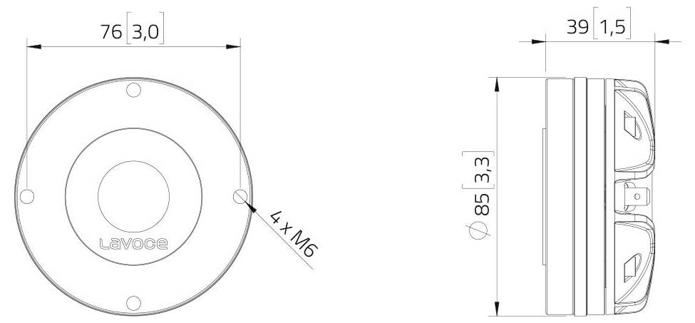 Dessin technique d'un objet circulaire avec dimensions : diamètre 76 mm, hauteur 85 mm, marqué « Levage », vue de côté montrant une largeur de 39 mm et 4 boulons M6.