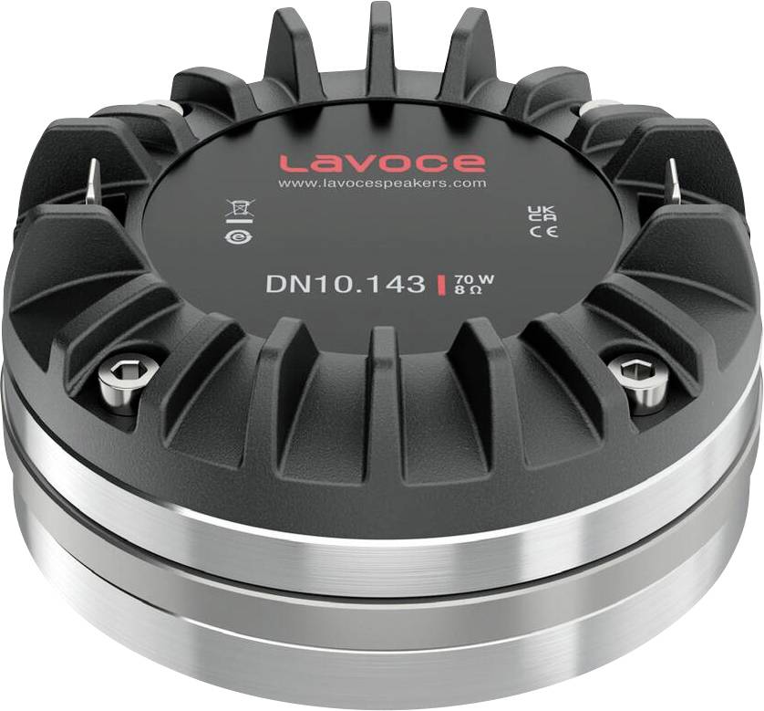 « Un pilote de haut-parleur Lavoce argenté et noir étiqueté DN10.143, 70W, 8Ω, avec vis de montage, mettant en avant la marque et les détails techniques. »