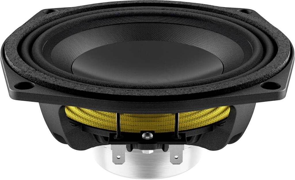 Une vue rapprochée d'un haut-parleur audio noir et jaune, mettant en évidence son cône et sa structure de montage, soulignant les détails de l'équipement sonore.