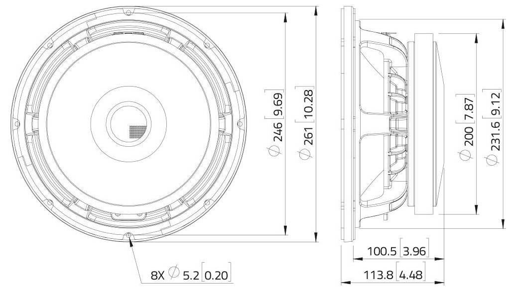 Dessin technique d'un haut-parleur rond avec vues de face et de côté. Les dimensions incluent un diamètre de 246 mm, une profondeur de 100,5 mm et huit trous de 5,2 mm.