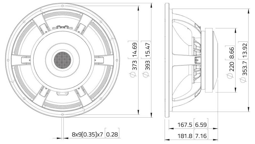Diagramme technique d'un haut-parleur rond avec dimensions de vue latérale et frontale. Les mesures clés incluent un diamètre de 373 mm et une profondeur de 181,8 mm.