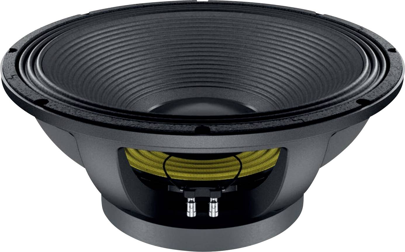 Gros plan d'une membrane de haut-parleur noir et jaune avec des fils visibles, mettant en évidence le diaphragme et la suspension, conçu pour la sortie audio.