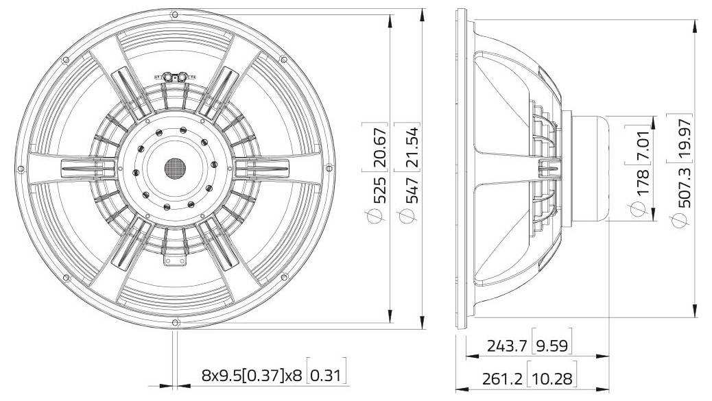 Dessin technique d'un haut-parleur avec des mesures détaillées en millimètres et pouces, montrant les vues de face et de côté avec les dimensions.