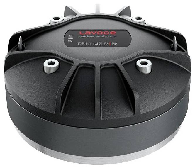 L'image montre la vue arrière d'un moteur de compression Lavoce DF10.142LM, présentant un boîtier noir avec des points de fixation par vis.