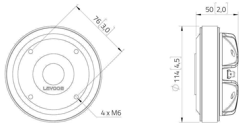 Diagramme technique montrant les dimensions d'un objet circulaire. Vue de face diamètre : 76 mm. Vue de côté hauteur : 50 mm. Comprend 4 x trous de boulon M6.