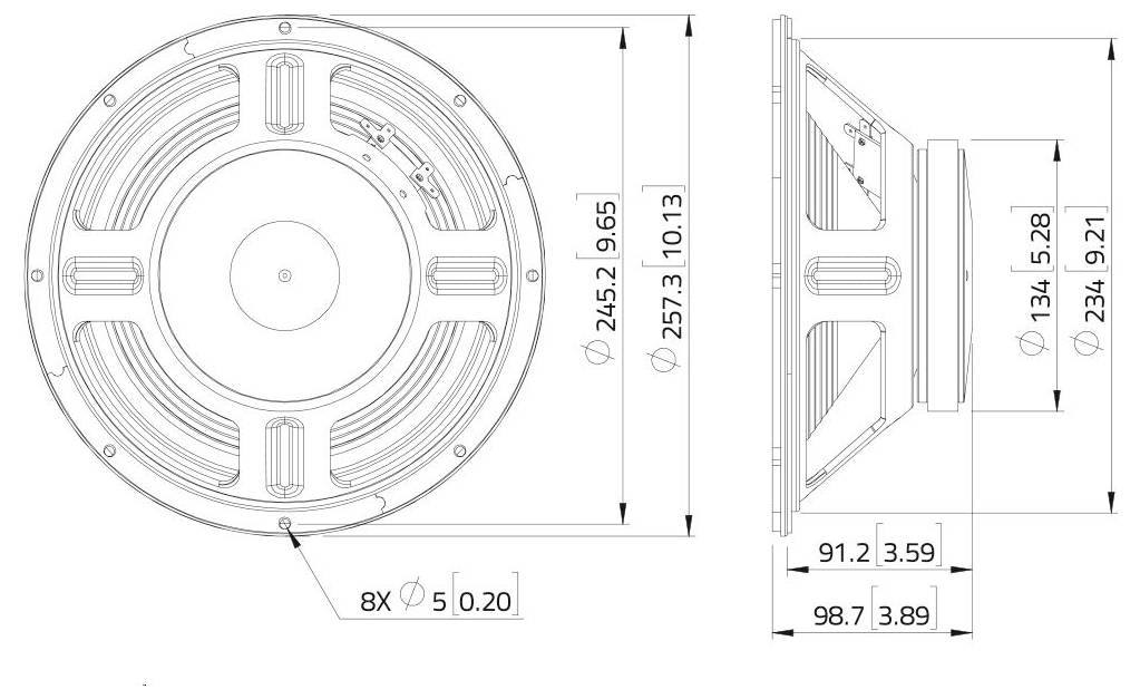 Dessin technique d'un composant de haut-parleur circulaire avec vues latérale et frontale. Les dimensions incluent les diamètres 245,2 et 257,3, et la profondeur 134,5.