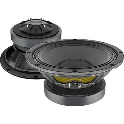 Deux haut-parleurs audio noirs avec des cônes et des aimants visibles, positionnés avec l'un orienté vers le haut et l'autre orienté vers le bas, montrant différents angles.