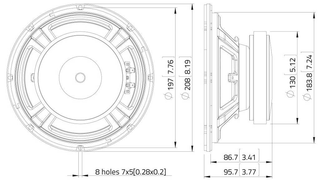 Dessin technique d'un haut-parleur circulaire. Vue de face diamètre : 208,19 mm. Vue latérale profondeur : 130,51 mm. Présente huit trous de montage.