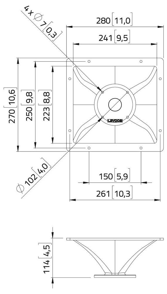 'Schéma technique d'un ventilateur carré avec dimensions : 280x280mm. La vue latérale indique une profondeur de 114mm. Inclut des mesures détaillées des pièces.'