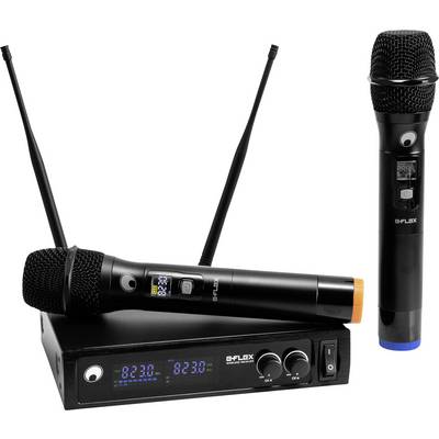 Système de microphone sans fil comprenant deux microphones à main et une unité réceptrice, affichant les fréquences 823,0 MHz sur son écran.