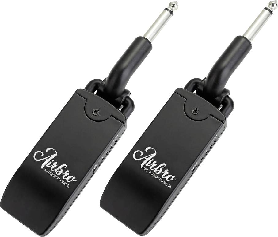 Deux transmetteurs de guitare sans fil noirs portant l'étiquette « Airbro ». Ils disposent de fiches ajustables et d'un design élégant et compact, destinés à faciliter la connectivité des guitares.