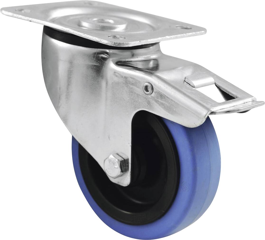 Une roulette pivotante en métal avec un bandage en caoutchouc bleu et une plaque de montage en métal, couramment utilisée sur les chariots et les meubles pour la mobilité.