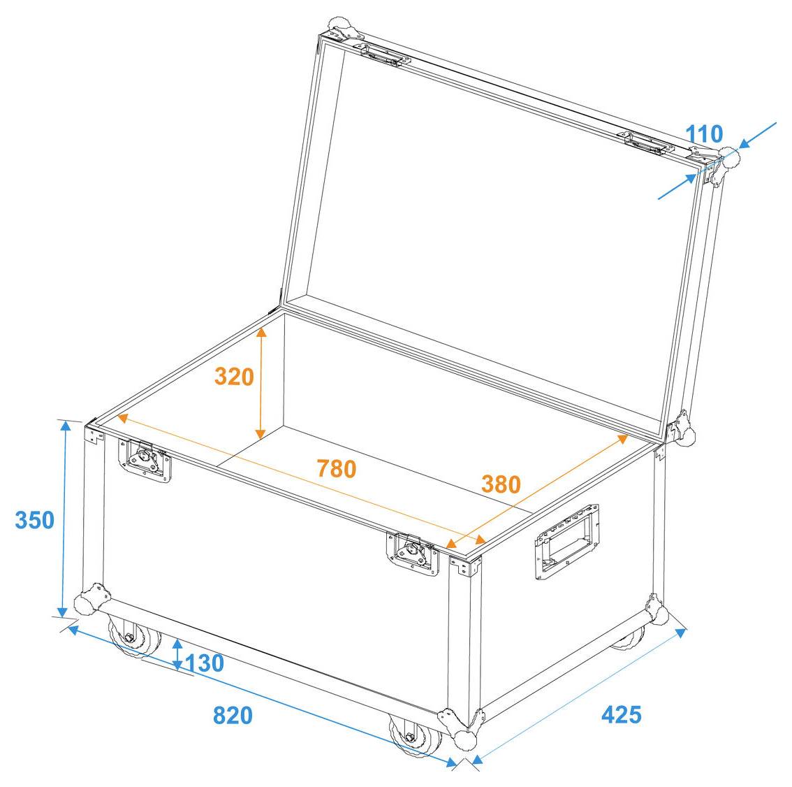 Boîte de rangement ouverte avec roues. Dimensions externes : 820mm de largeur, 425mm de profondeur, 350mm de hauteur. Dimensions internes : 780mm de largeur, 380mm de profondeur, 320mm de hauteur. Le couvercle supérieur s'ouvre sur 110mm.