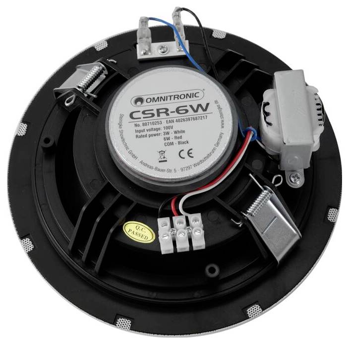 Un haut-parleur de plafond Omnitronic CSR-6W noir montrant les connecteurs arrière, les fils et les composants, avec une étiquette indiquant le modèle et les spécifications.