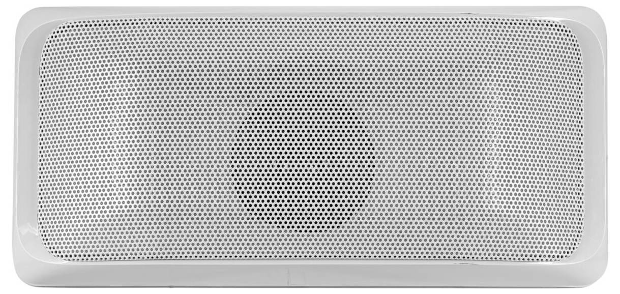 Haut-parleur blanc rectangulaire avec une grille métallique perforée à l'avant.