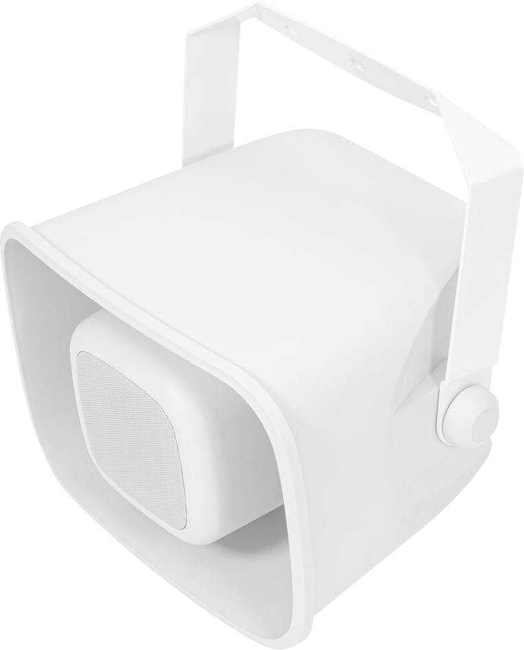 Un haut-parleur blanc mural de qualité professionnelle avec grille de protection et support réglable conçu pour une utilisation intérieure ou extérieure.