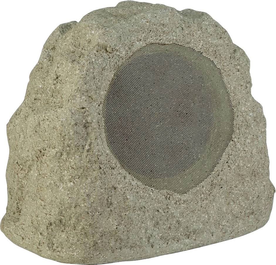 Un haut-parleur d'extérieur en forme de rocher avec une finition naturelle texturée. La grille du haut-parleur est visible, fusionnant l'esthétique avec la fonctionnalité.