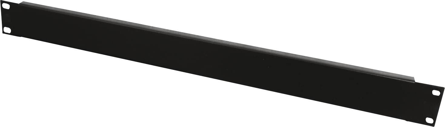 Un panneau de bâti métallique noir avec des trous de montage à chaque coin, utilisé pour couvrir ou sécuriser les ouvertures dans les bâtis d'équipement.