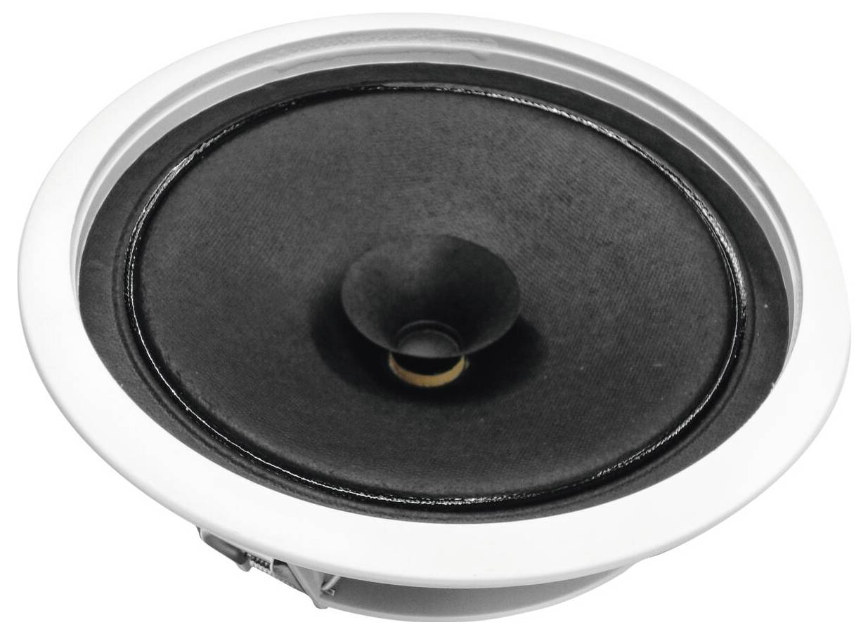 Un haut-parleur de plafond encastré noir et blanc au design rond avec diaphragme visible.