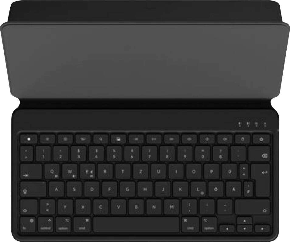 Étui de clavier pour tablette noire avec housse intégrée dépliée, affichant un clavier QWERTY compact.
