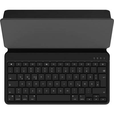 Étui de clavier pour tablette noire avec housse intégrée dépliée, affichant un clavier QWERTY compact.