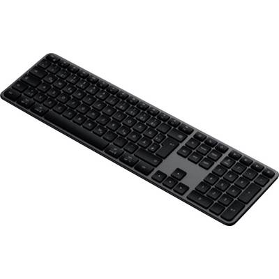 Clavier d'ordinateur noir de taille normale montré sous un angle sur un fond blanc.