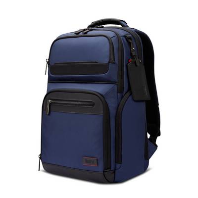 Un sac à dos bleu et noir avec plusieurs compartiments à fermeture éclair et des bretelles ajustables, conçu pour transporter des ordinateurs portables et les essentiels du quotidien.