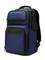 Un sac à dos bleu et noir avec plusieurs compartiments à fermeture éclair et des bretelles ajustables, conçu pour transporter des ordinateurs portables et les essentiels du quotidien.