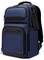Un sac à dos bleu et noir avec plusieurs compartiments zippés, des poches latérales et une poignée supérieure, conçu pour transporter des ordinateurs portables et des accessoires.