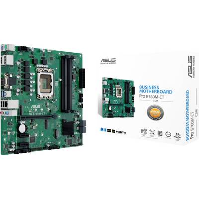 Carte mère ASUS Business Motherboard Pro B760M-CT CSM présentée avec une grande photo du produit et une boîte de vente au détail, mettant l'accent sur le nom du produit et le modèle.