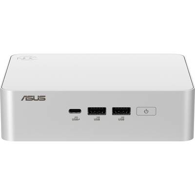Un mini PC ASUS compact dans un boîtier argenté avec un dessus blanc, disposant de deux ports USB-A, d'un port USB-C et d'un bouton d'alimentation sur le devant.